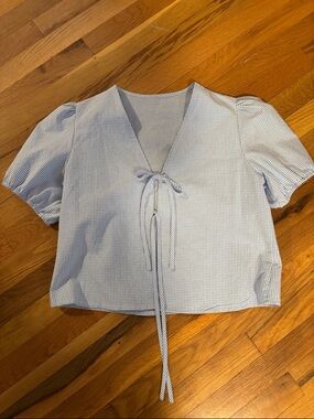 Light Blue Gingham Tie-Front Puff Sleeve Top